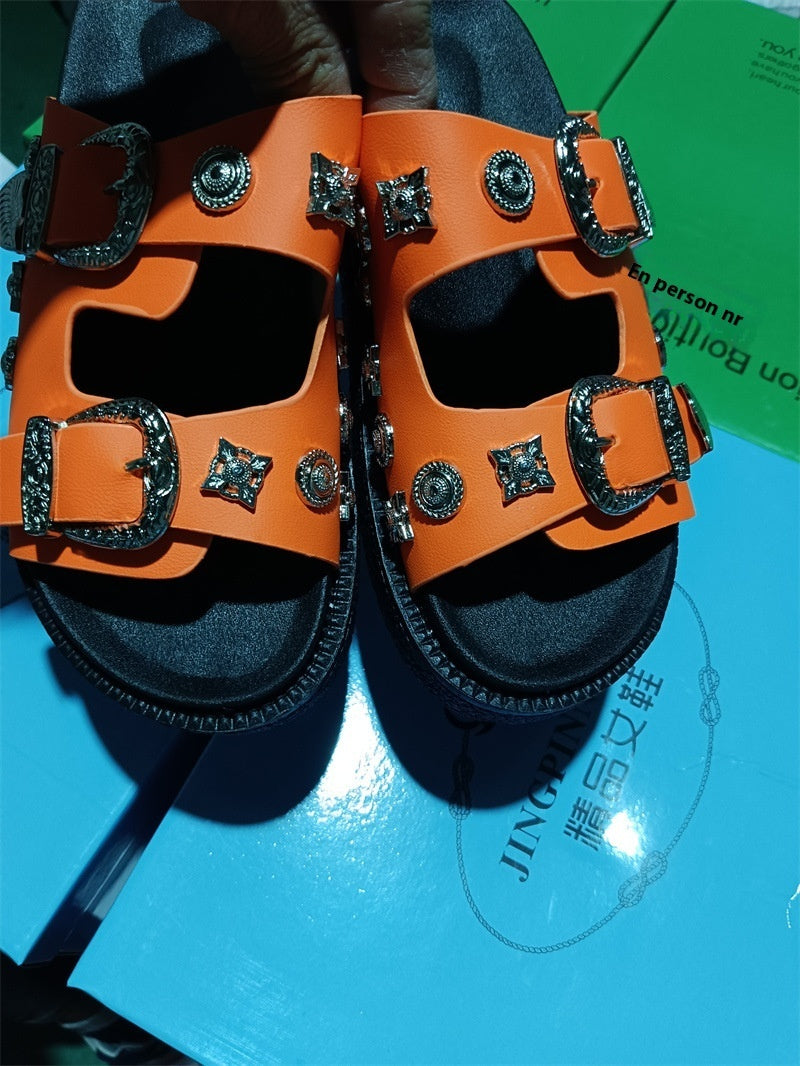 Fashion Trendy Plus Size Python Leopard Rivet Slippers