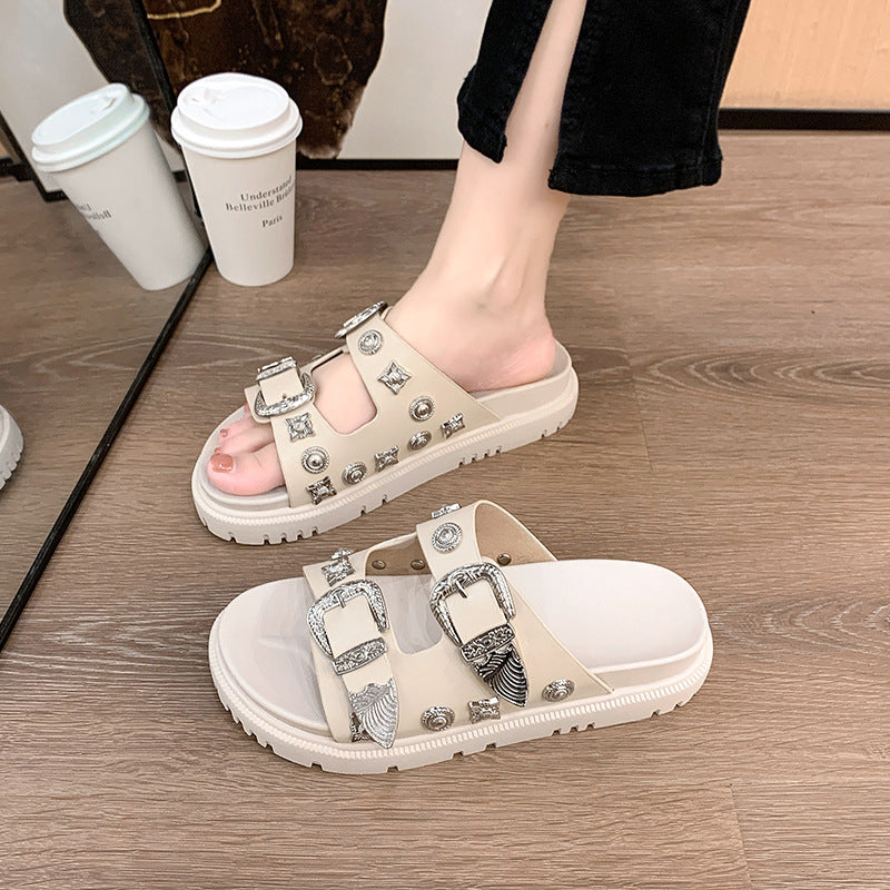 Fashion Trendy Plus Size Python Leopard Rivet Slippers