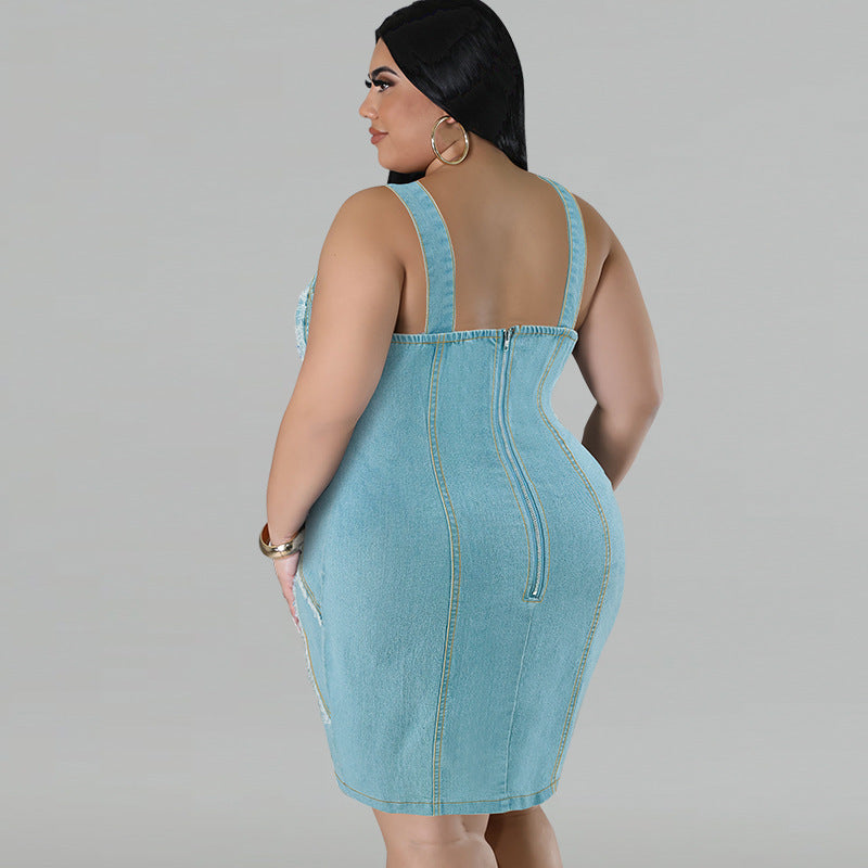 Plus Size Women's Clothing Denim Sling Tassel Sleeveless Short Dress