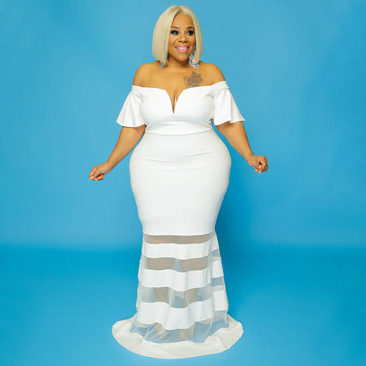 See-through Fashion V-neck Formal Dress Bell Sleeve Plus Size Dress